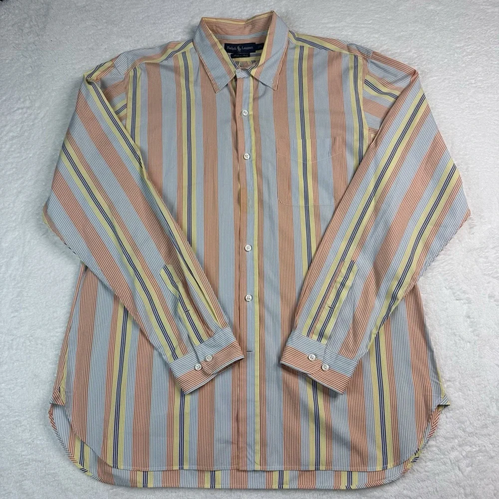 Polo Ralph Lauren Button Down Shirt Mens XL 17.5 Multi Color Striped Made Italy‎